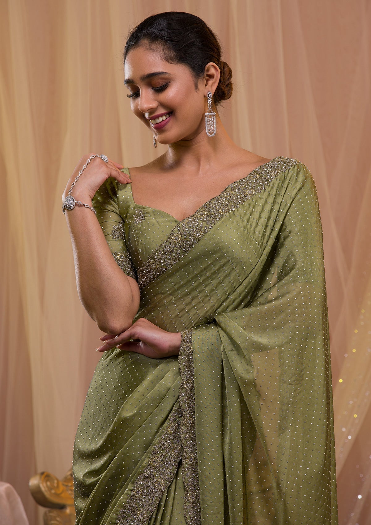 Pista Green Stonework Crepe Designer Saree