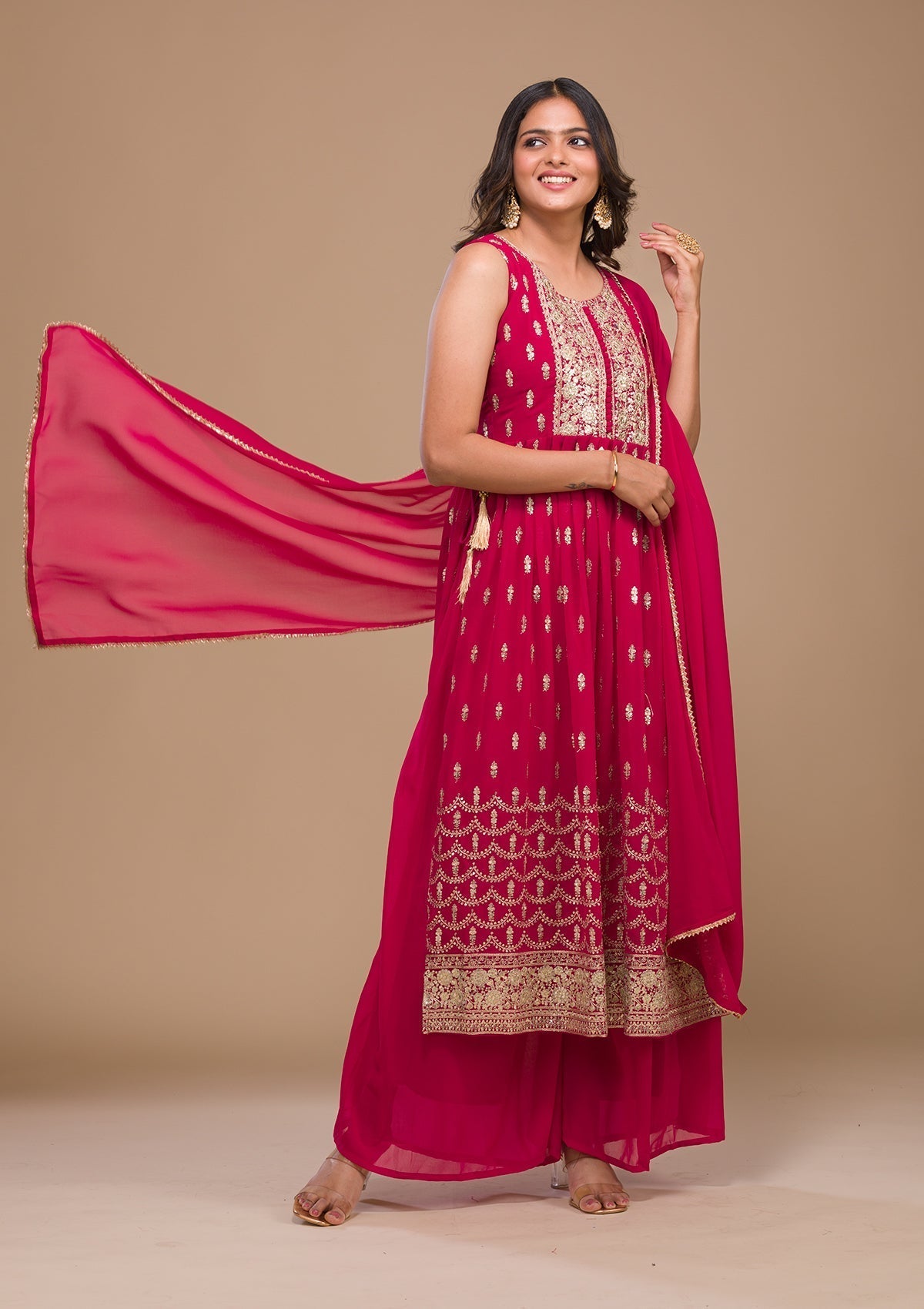 Rani Pink Zariwork Georgette Readymade Salwar Suit