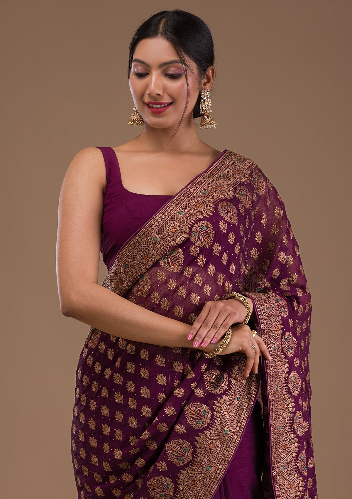 Wine Zariwork Georgette Saree