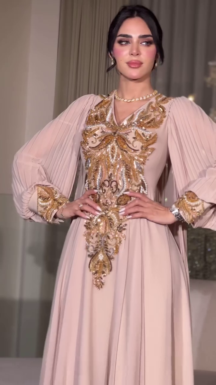 Beautiful Baby Pink Georgette Embroidery V-neck Pearl Work Flared Dress