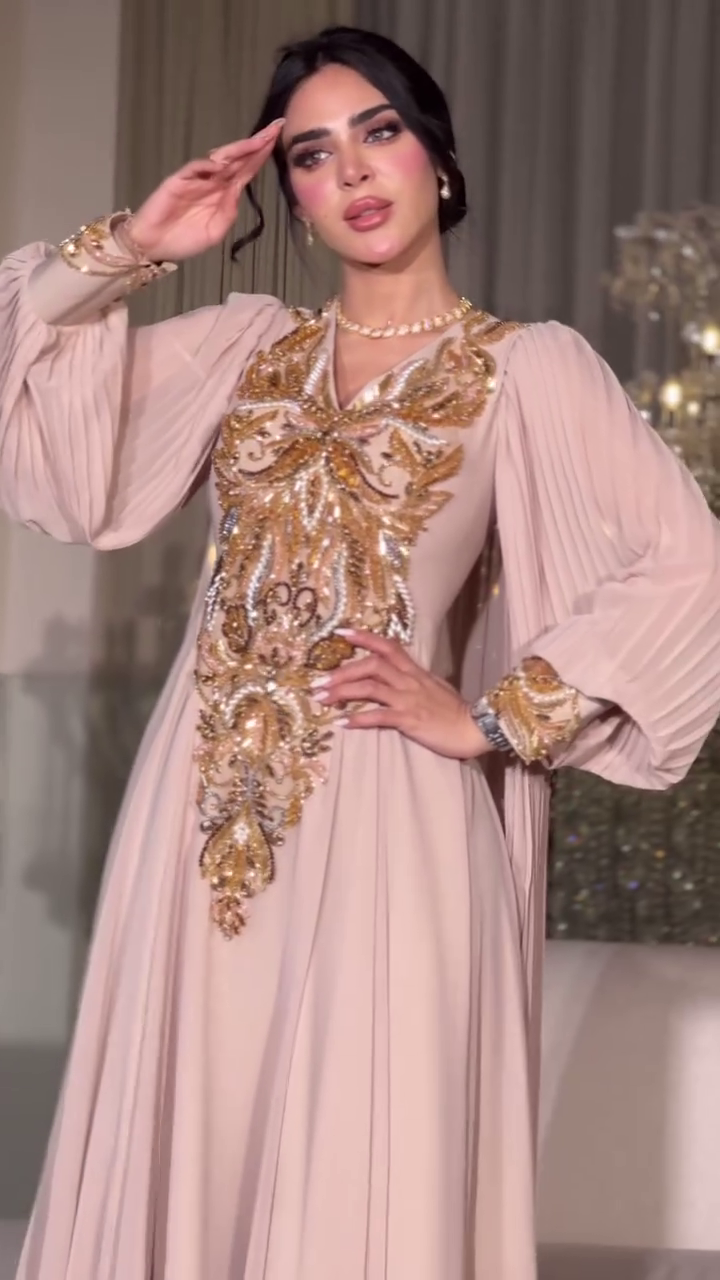Beautiful Baby Pink Georgette Embroidery V-neck Pearl Work Flared Dress