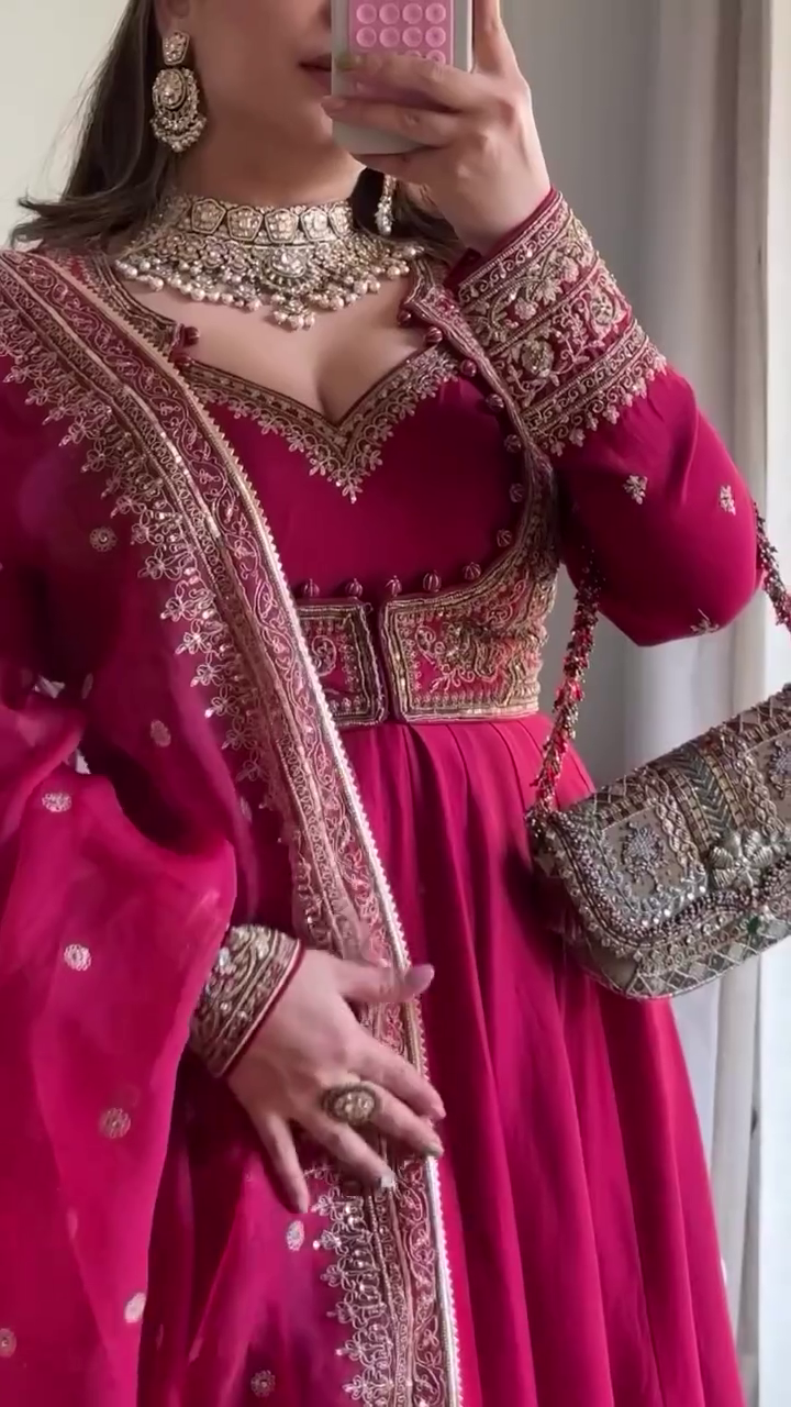 Women Wine Pink Heavy Embroidered Anarkali Suit with Dupatta for Wedding Wear