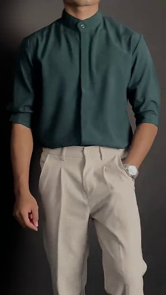 Men Dark Green Mandarin Collar Shirt for Office and Casual Wear