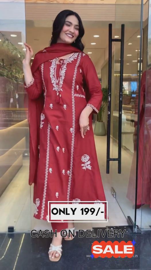🌸 Maroon Cotton Blend Kurta Pant Set with White Floral Embroidery & Dupatta – Elegant Festive Ethnic Wear for Women