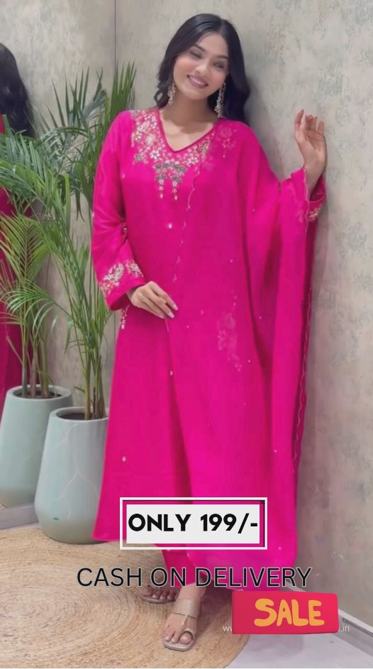 🌸 Fuchsia Pink Georgette Embroidered Kurta Pant Set with Dupatta – Elegant Festive Ethnic Wear for Women Specifications:
