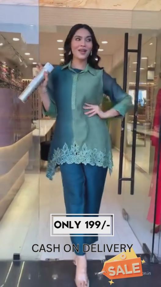 🌸 Teal Green Organza Panelled Shirt Style Kurta & Pant Set with Laser Cut Hem – Designer Indo-Western Co-Ord Set for Women
