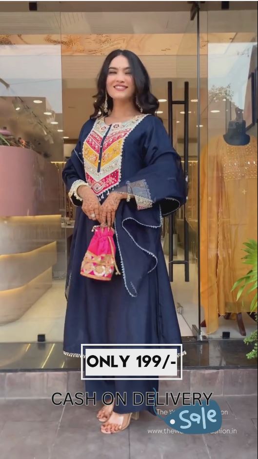 🌸 Navy Blue Mirror & Thread Embroidered Kurta Palazzo Set with Dupatta – Festive Ethnic Wear for Women