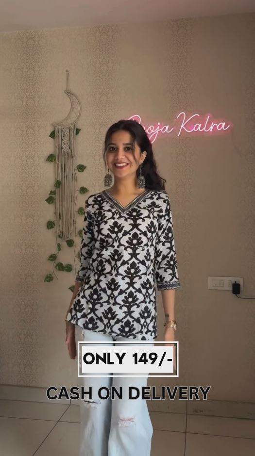 🖤🤍 Black & White Ethnic Printed Cotton Kurti – Stitched Casual & Office Wear for Women