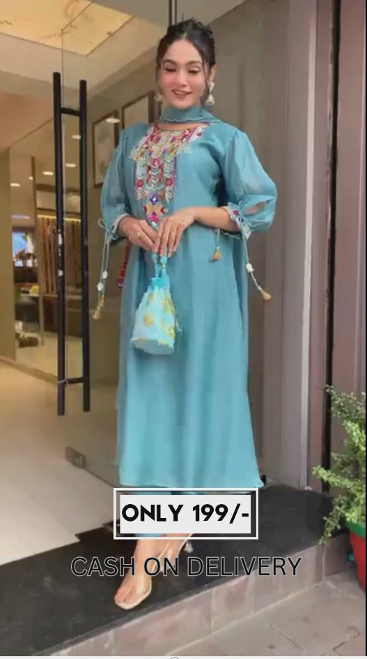 🌸 Aqua Blue Cotton Blend Kurta Pant Set with Multicolor Mirror Embroidery & Dupatta – Festive & Party Wear Ethnic Set for Women