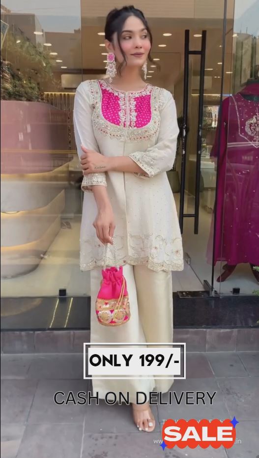 🌸 Ivory Silk Blend A-Line Kurta Palazzo Set with Mirror & Thread Embroidery – Designer Festive Wear for Women