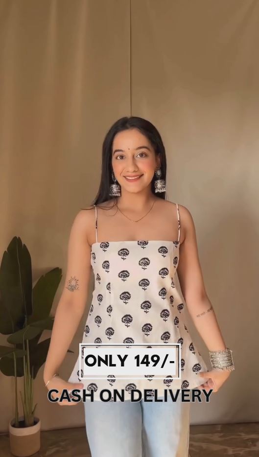 🌸 White & Black Printed Cotton Camisole Top – Boho Strappy Summer Wear for Women