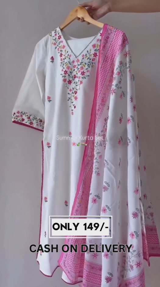 🌸 White & Pink Floral Embroidered Cotton Kurta Set with Printed Dupatta – Unstitched Dress Material for Women