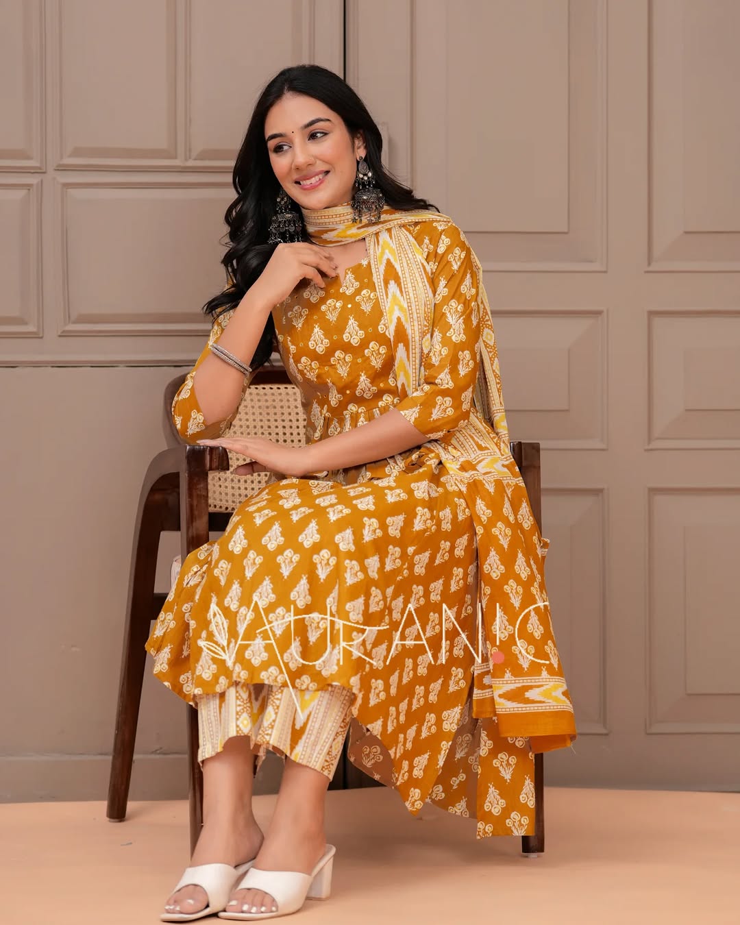 🌼 Mustard Yellow Printed Cotton Kurta Set with Contrasting Dupatta – Stitched Ethnic Wear for Women