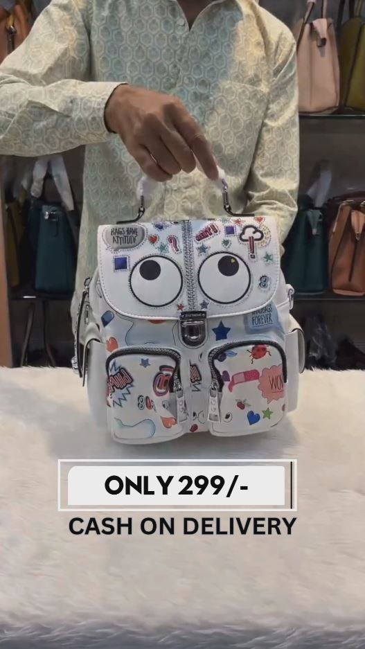White & Black Cartoon Graphic PU Backpack for Girls – Multi-Pocket Trendy College & Travel Bag | Comic Patch Design | Casual Cute Backpack