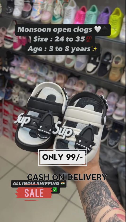 Kids Monsoon Clogs – Black & White Waterproof Open Sandals for Boys & Girls | Soft & Durable | Sizes 24-35 | Age 3-8 Years