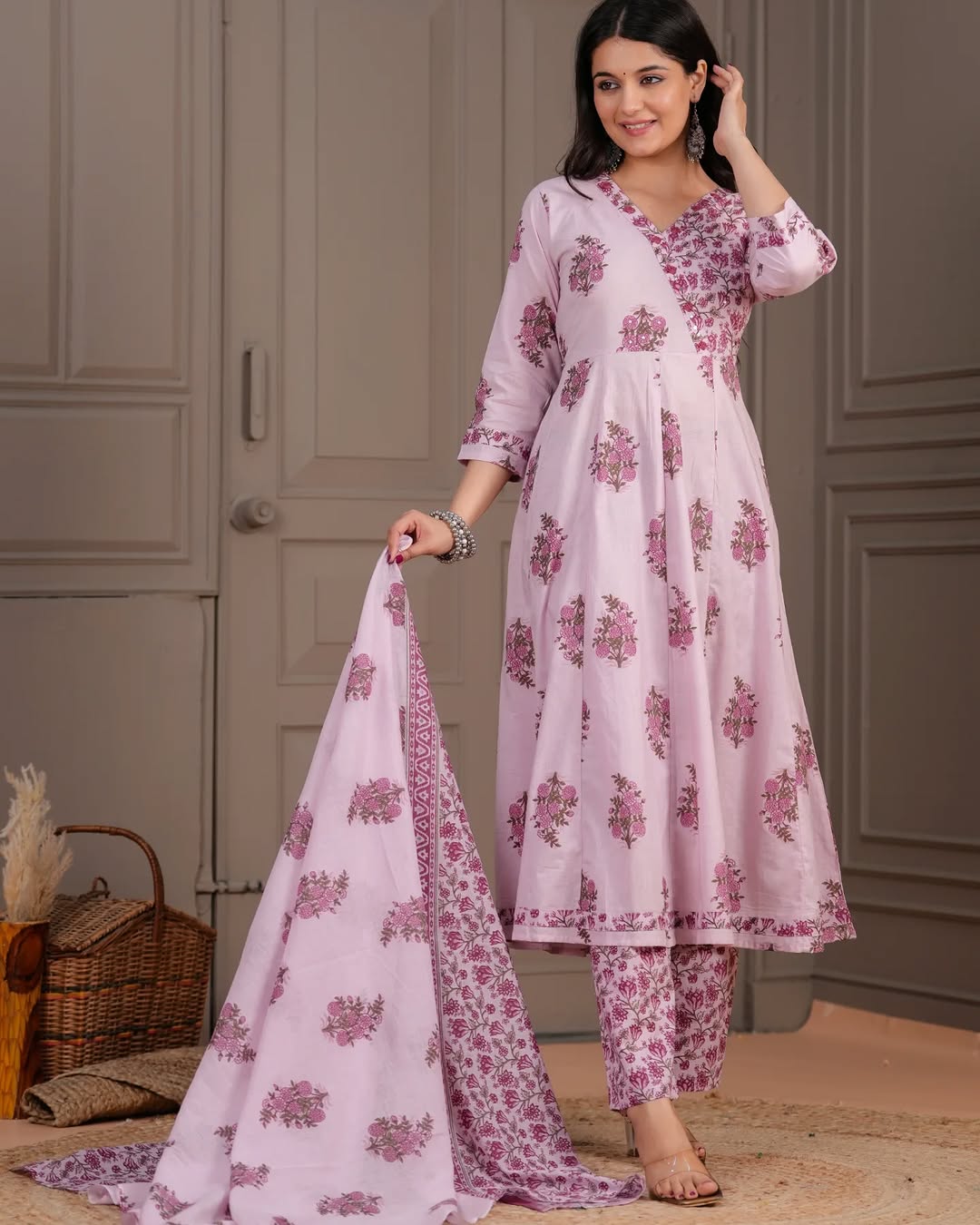🌸 Blush Pink Floral Printed Cotton Anarkali Kurta Set with Dupatta – Stitched Ethnic Wear for Women