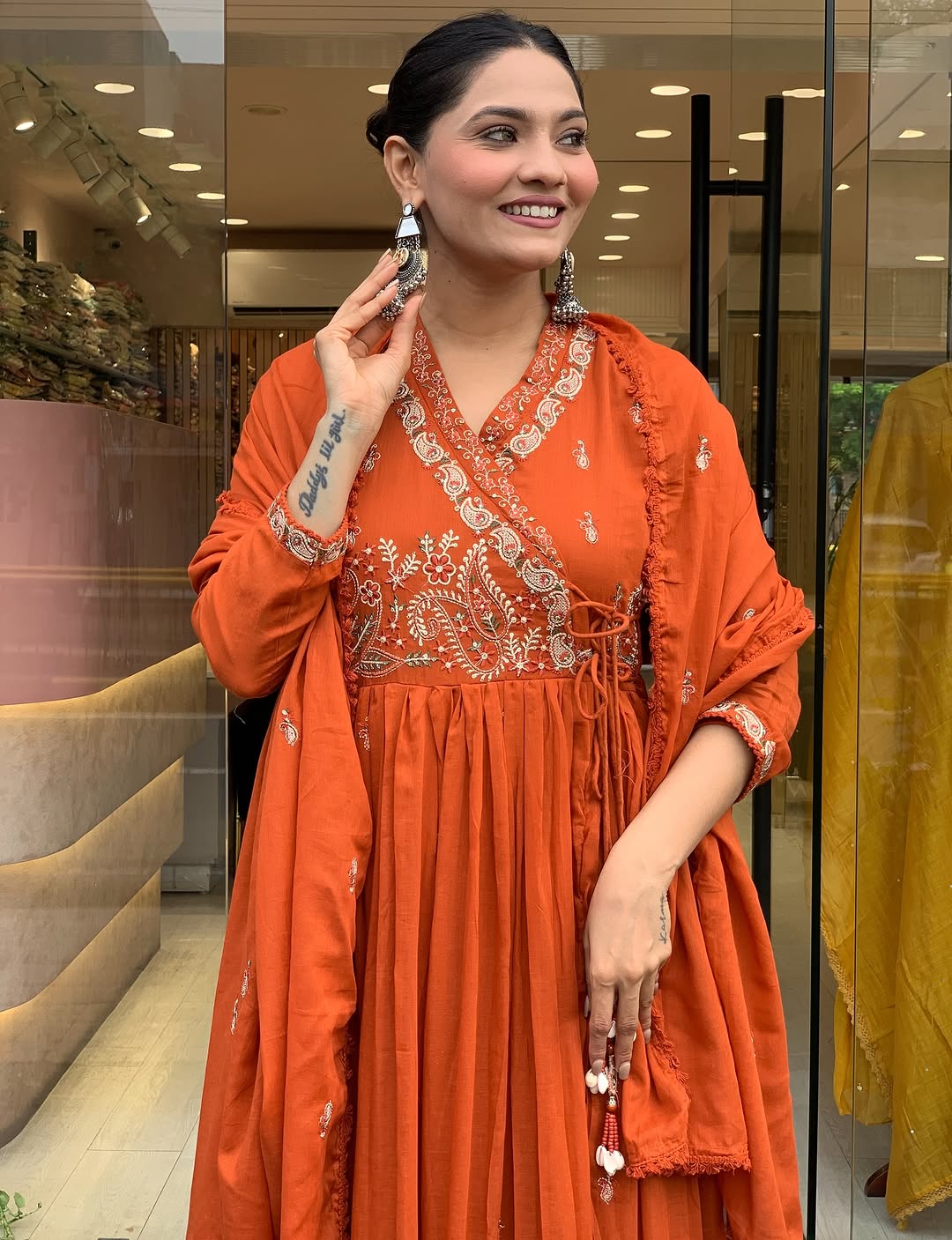🧡 Rust Orange Georgette Anarkali Kurta Set with Golden Embroidery & Dupatta – Festive Wear for Women