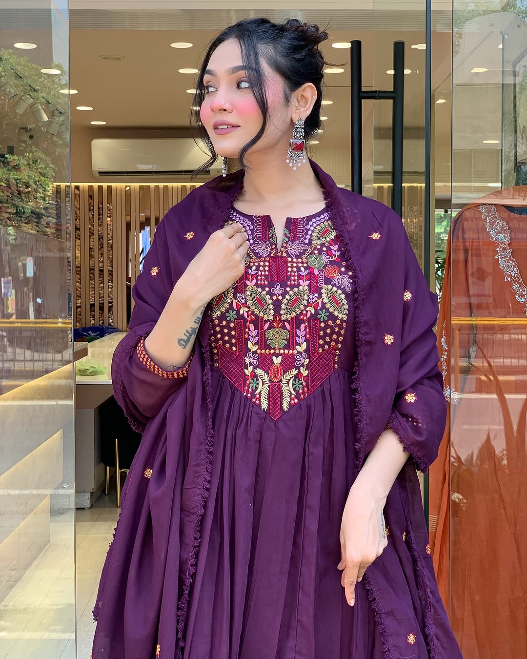 💜 Plum Purple Embroidered Anarkali Kurta Set with Sequin Work & Dupatta