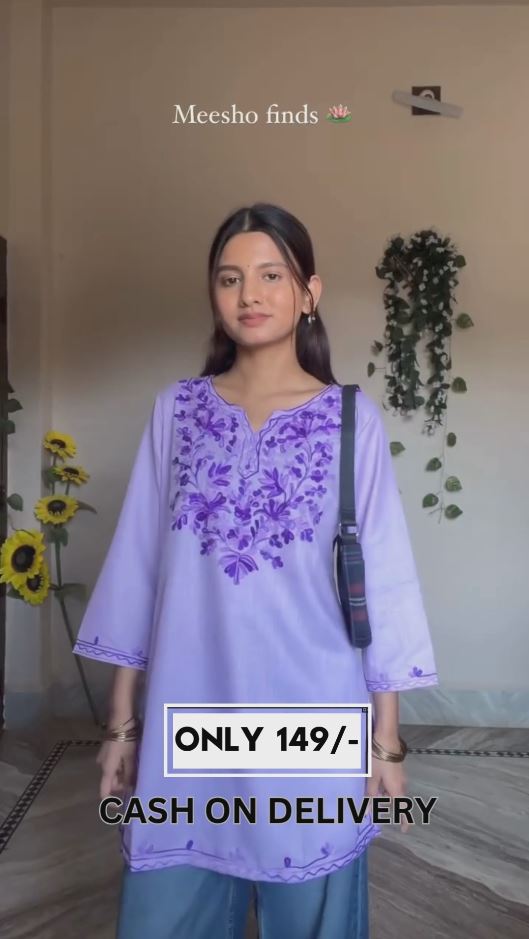 🌸 Lavender Purple Cotton Short Kurti with Floral Embroidery – Stitched Casual Wear for Women