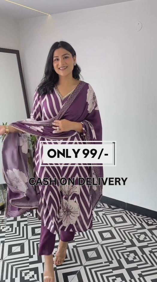 Printed Purple Embroidered Straight Kurta with Pant & Dupatta -