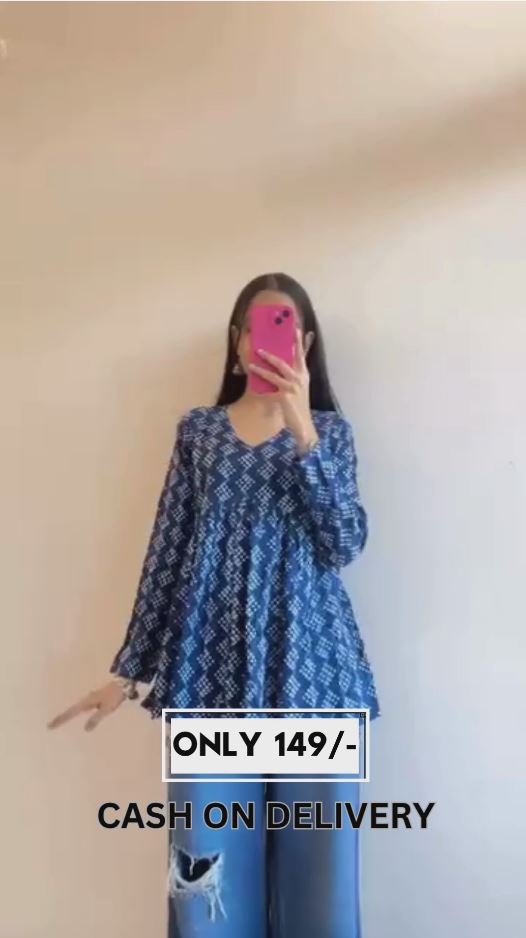 💙 Indigo Blue Printed Cotton Flared Tunic Top – Stitched Casual Wear for Women