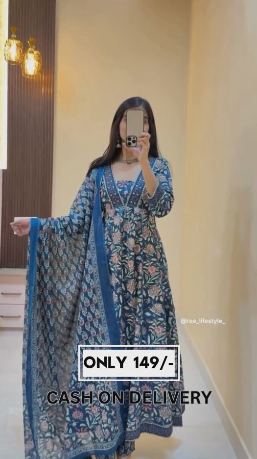 🌸 Navy Blue & Red Floral Printed Anarkali Kurta Set with Dupatta – Stitched Cotton Blend Fabric