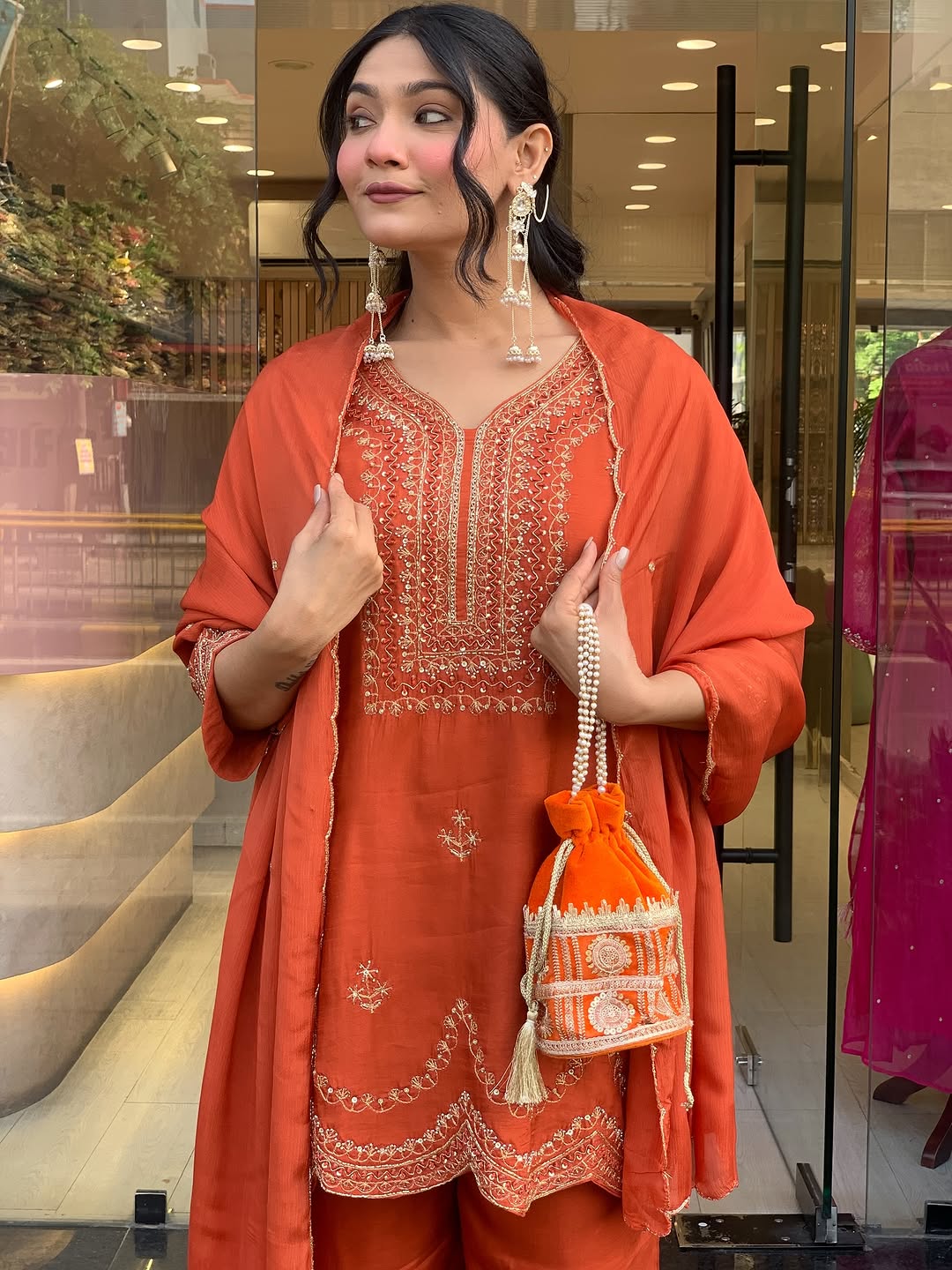 🧡 Burnt Orange Embroidered Kurta Set with Scallop Detailing & Dupatta