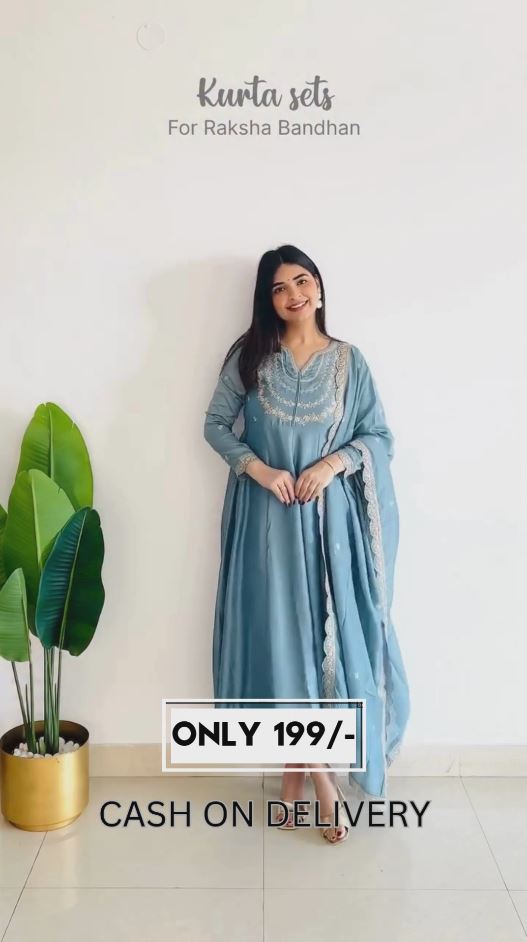 💙 Pastel Blue Embroidered Kurta Set with Dupatta | Festive Wear for Raksha Bandhan | Cash on Delivery