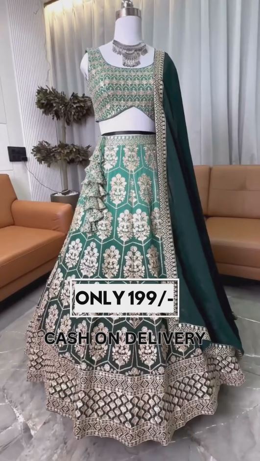 Green color Shadding  Sequence Zari work Designer Faux Georgette Lehenga choli