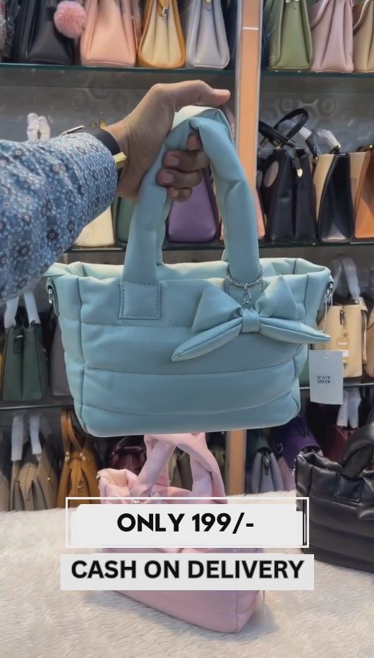 "Trendy Bow Handle Handbag – Soft Blue Quilted Bag with Dual Top Handles | Stylish Mini Tote for Women | Just ₹199 | Cash on Delivery"
