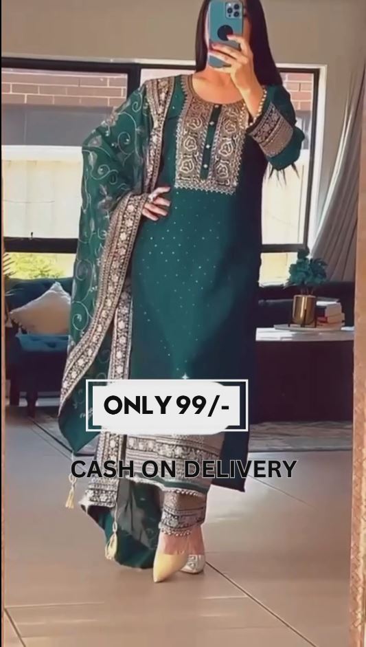 Green Kurti Pant and Dupatta Set With Sequins Embroidery Work