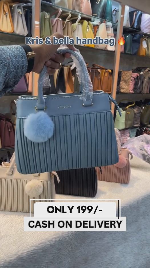 "Kris & Bella Premium Blue Striped Handbag with Pom Pom Keychain – Trendy Women's Top Handle Bag, Stylish and Durable | Just ₹199 | Cash on Delivery"