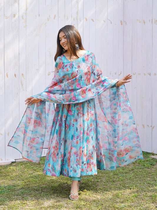 Women Blue Oraganza Floral Print Kurta Suit Set