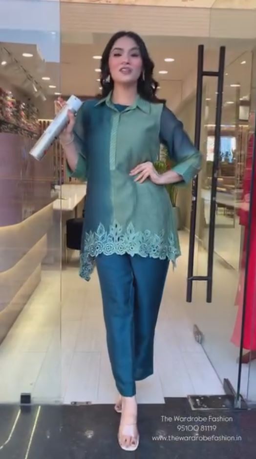 🌸 Teal Green Organza Panelled Shirt Style Kurta & Pant Set with Laser Cut Hem – Designer Indo-Western Co-Ord Set for Women