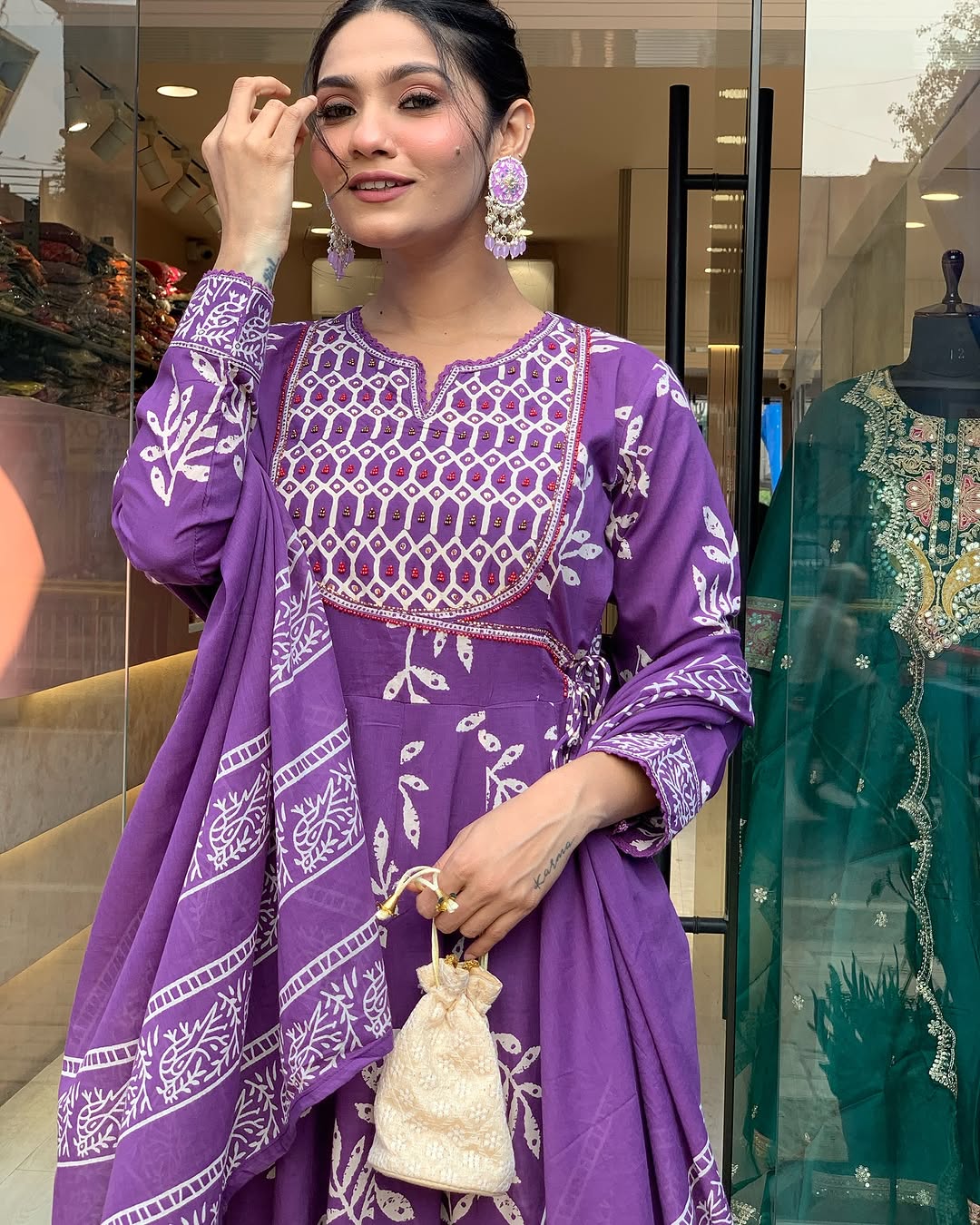 💜 Royal Purple Handblock Print Anarkali Set with Dupatta – Ethnic Grace