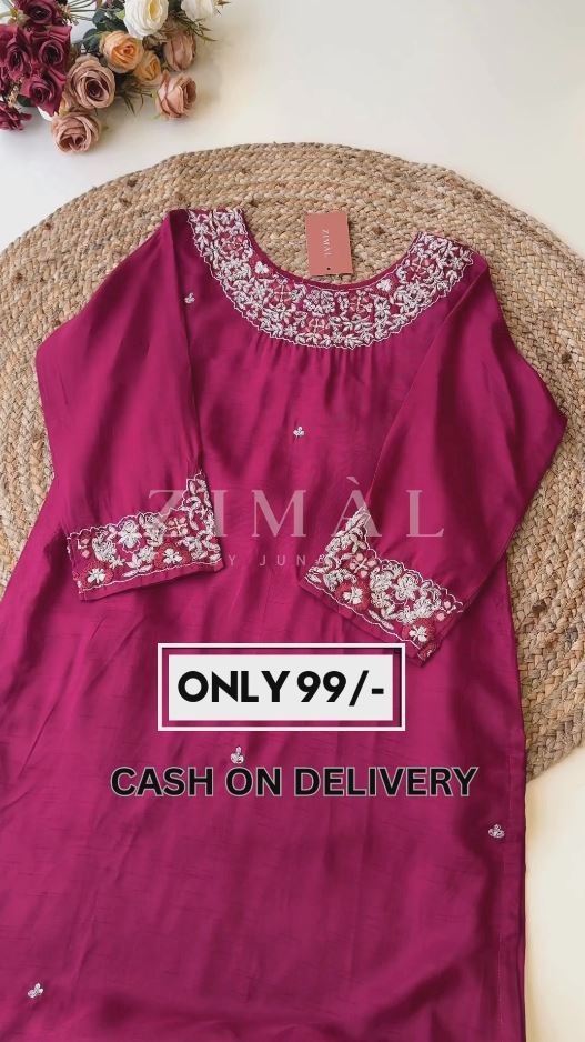 Muslin silk Embroidered kurti with pants and dupatta