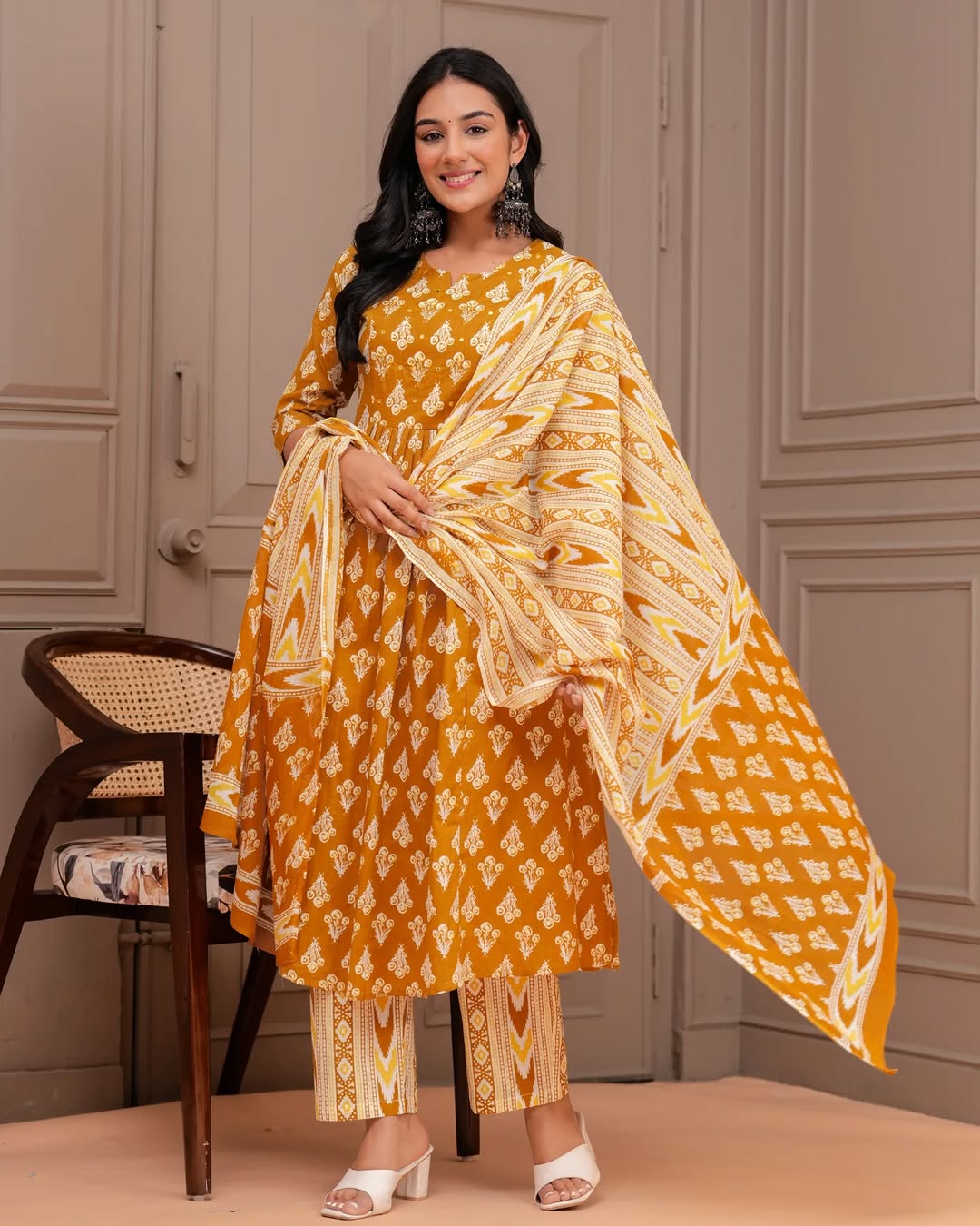 🌼 Mustard Yellow Printed Cotton Kurta Set with Contrasting Dupatta – Stitched Ethnic Wear for Women