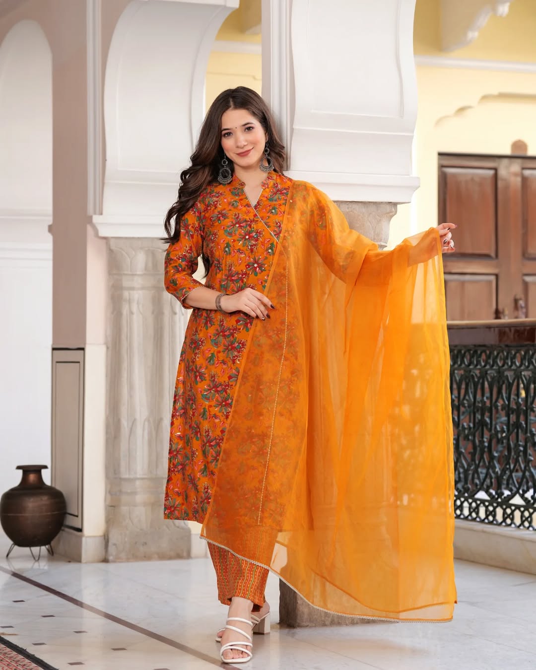 🌸 AuraniC Mustard Orange Floral Printed Embroidered Kurta Set with Dupatta | Festive Cotton Blend Straight Suit for Women