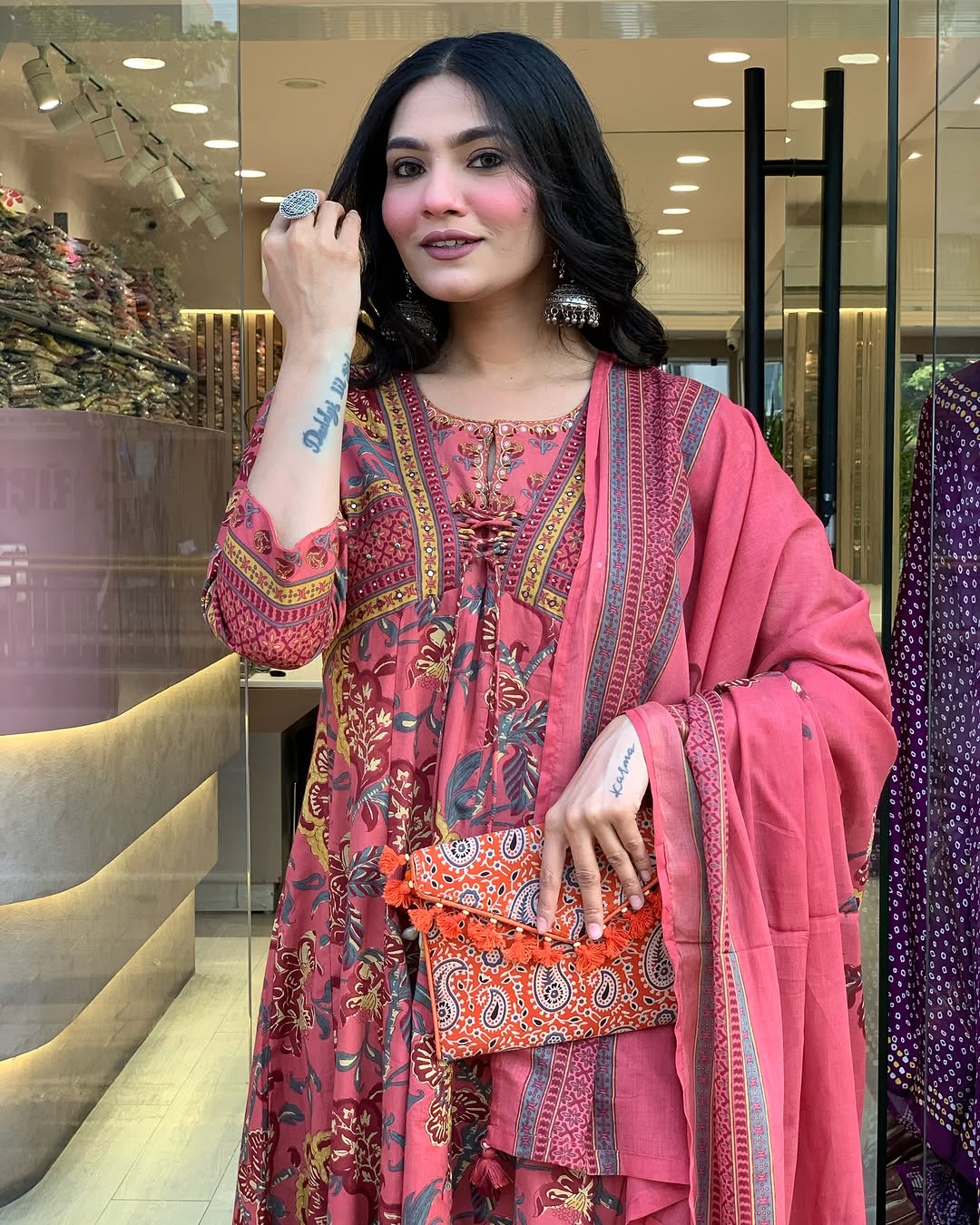🌺 Rust Pink Floral Printed Cotton Anarkali Kurta Set with Dupatta – Traditional Festive Wear for Women