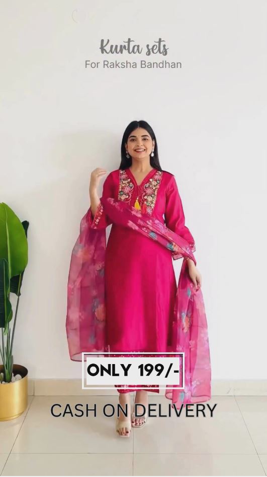 Hot Pink Floral Embroidered Kurta Set with Printed Dupatta | Festive Wear for Raksha Bandhan | ₹199 COD