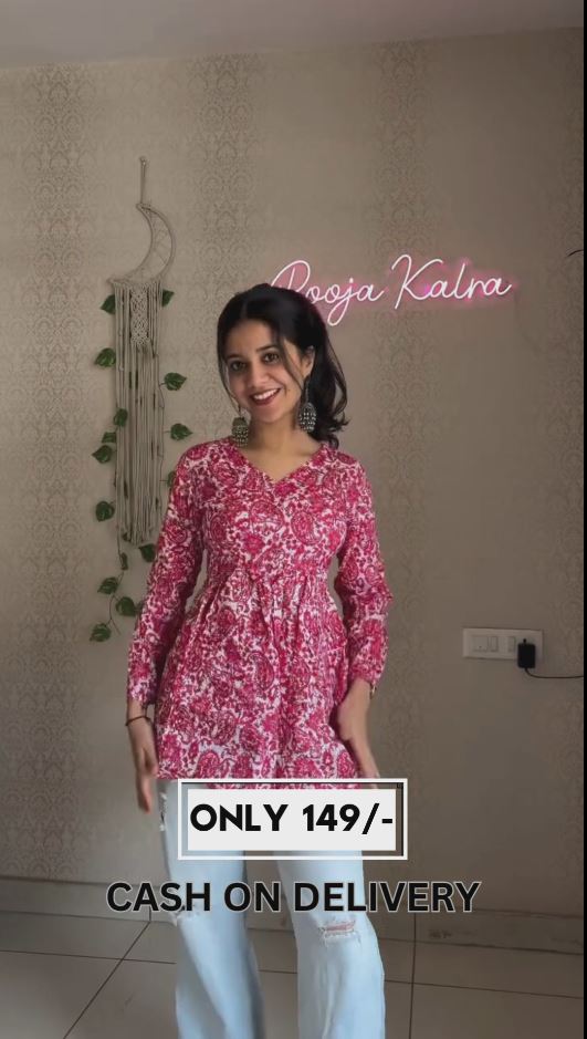 🖤🤍 Black & White Ethnic Printed Cotton Kurti – Stitched Casual & Office Wear for Women