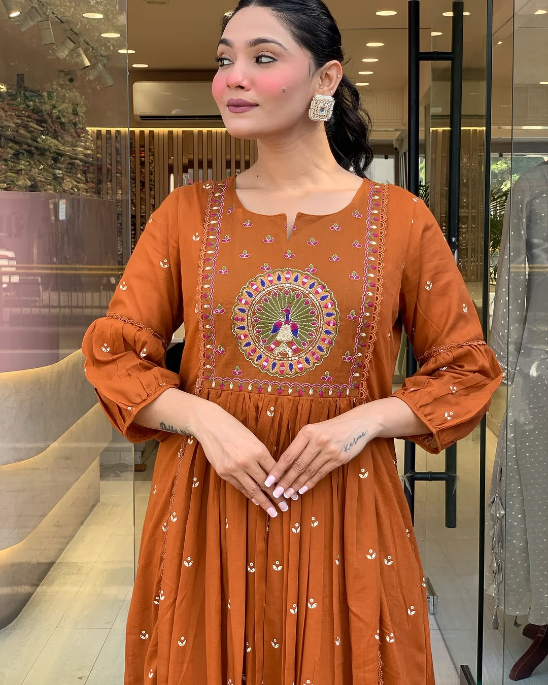 🌟 Rust Orange Mirror Embroidered Flared Kurta Set with Dupatta & Pants