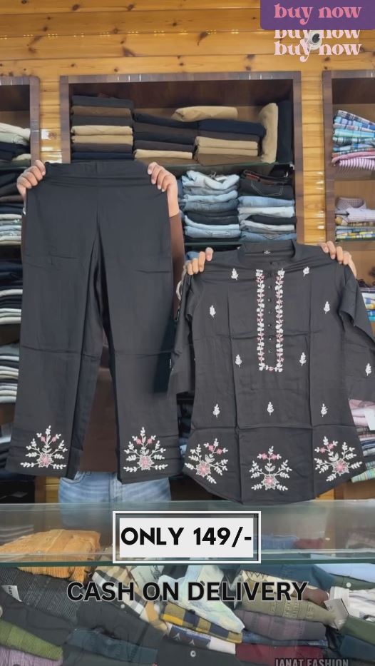 🖤✨ Black Embroidered Cotton Kurta & Pant Set – Stitched Festive & Casual Wear for Women