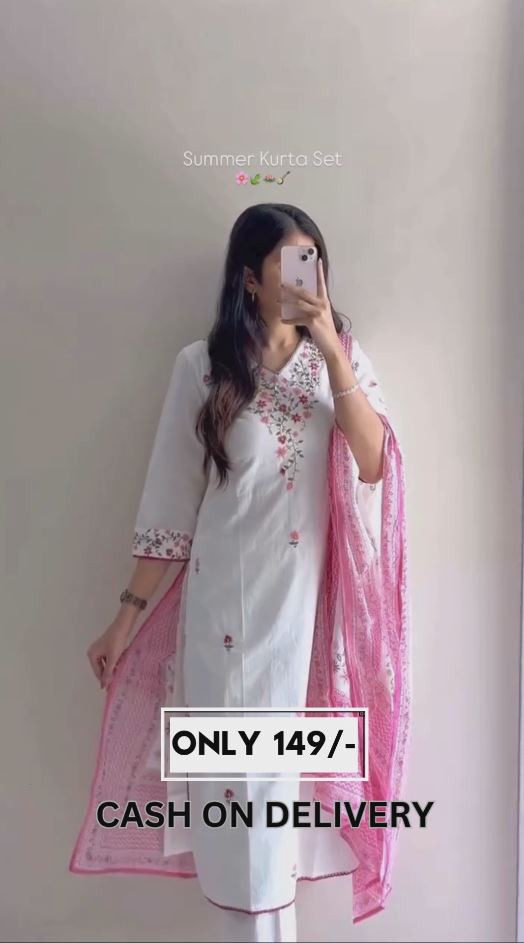 🌸 White & Pink Floral Embroidered Cotton Kurta Set with Printed Dupatta – Unstitched Dress Material for Women