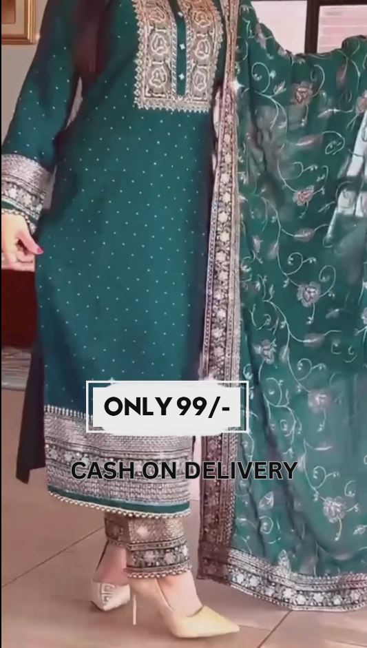 Green Kurti Pant and Dupatta Set With Sequins Embroidery Work