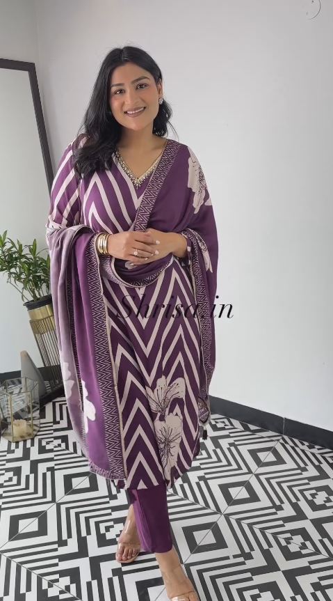 Printed Purple Embroidered Straight Kurta with Pant & Dupatta -