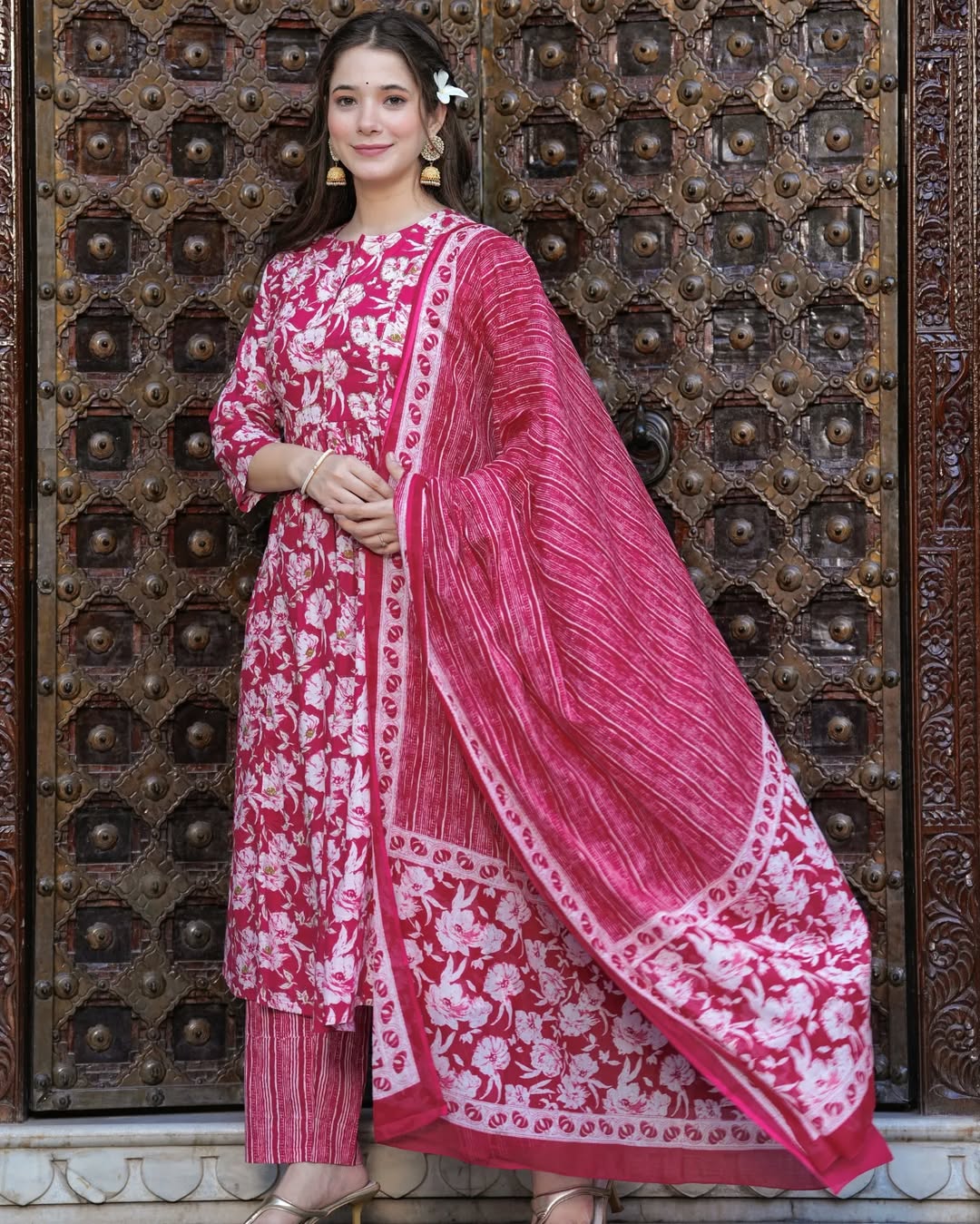 🌸 Hot Pink Floral Printed Cotton Anarkali Kurta Set with Dupatta – Stitched Ethnic Wear for Women