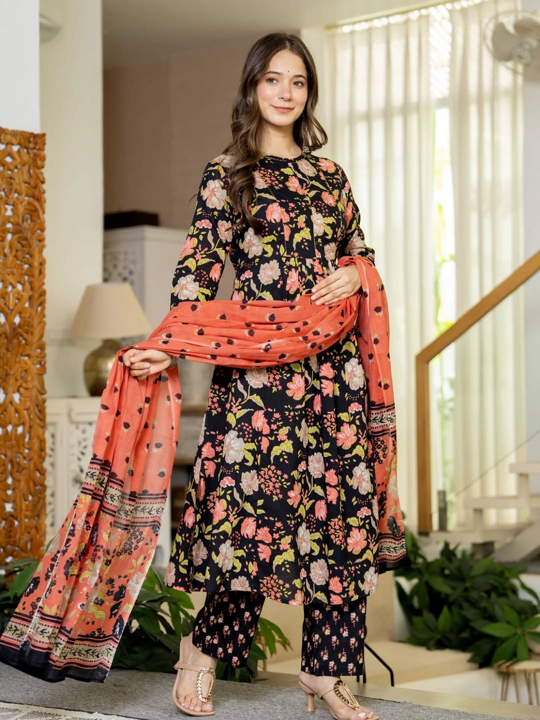 🖤 Black Floral Printed Straight Kurta Set with Rust Orange Dupatta – Stitched Ethnic Wear for Women