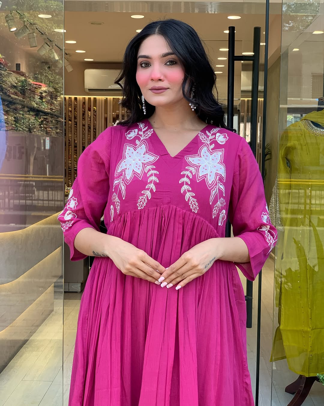 🌸 Magenta Bloom Embroidered Flared Kurta Set with Dupatta & Pants