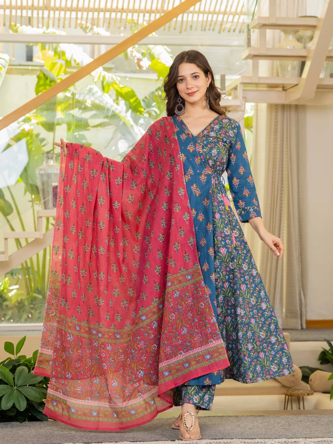 🌸 Teal Blue Floral Printed Anarkali Kurta Set with Red Printed Dupatta